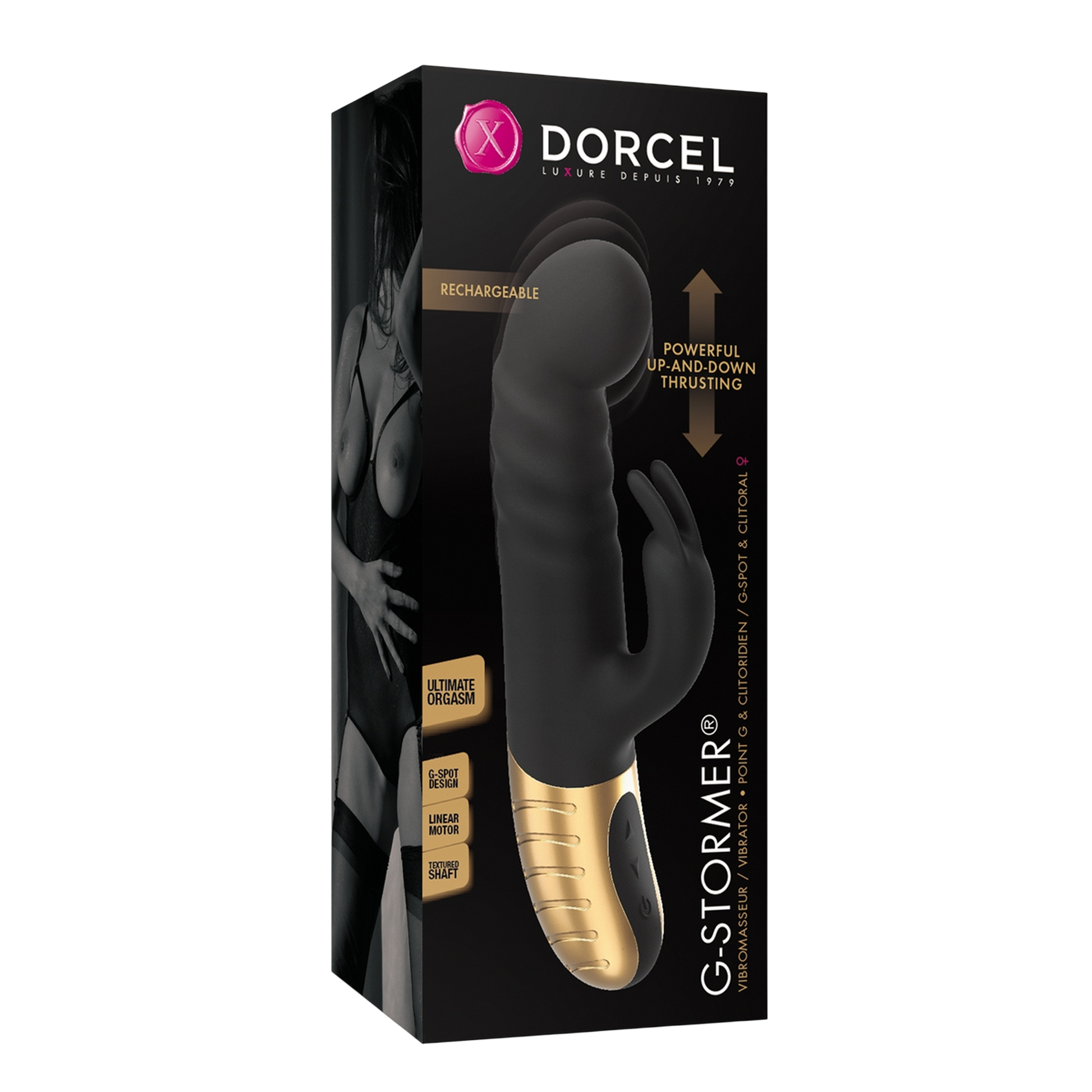 Packaging noir premium du vibromasseur G-Stormer Dorcel avec mentions technologie va-et-vient - Oh My God'Z
