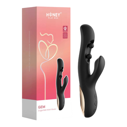 Vibromasseur rabbit Gem noir et or rose avec packaging rose, double stimulation et boules - Oh My God'Z