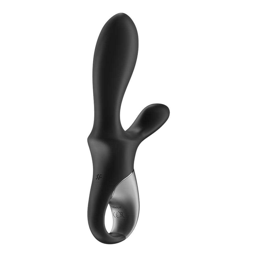 Vibromasseur rabbit chauffant Satisfyer noir silicone, stimulateur perinee et anneau de prise argente - Oh My God'Z