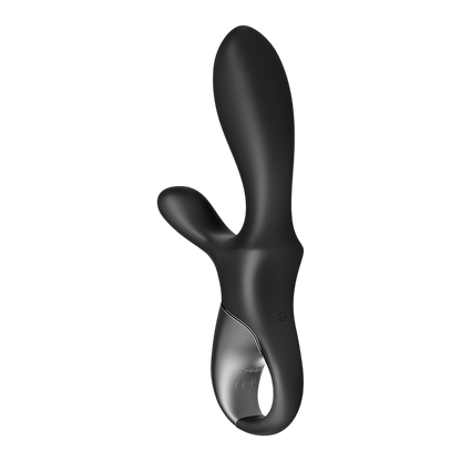 Vibromasseur rabbit connecte Satisfyer noir silicone de dos, base large et finition argentee brillante - Oh My God'Z