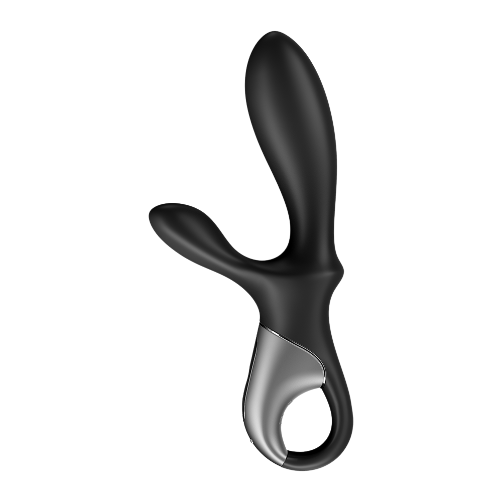 Vibromasseur rabbit chauffant Satisfyer noir en silicone vu de profil avec poignee anneau argentee - Oh My God'Z