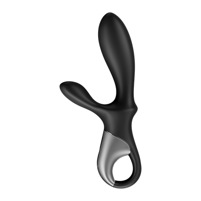 Vibromasseur rabbit chauffant Satisfyer noir en silicone vu de profil avec poignee anneau argentee - Oh My God'Z