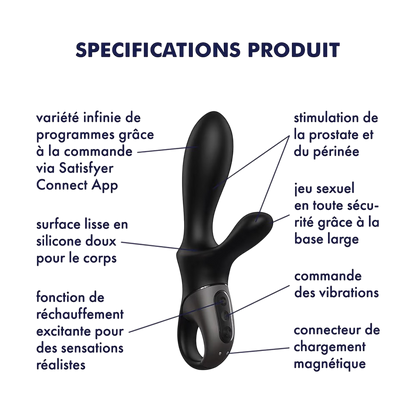Schema des specifications du vibromasseur rabbit chauffant connecte Satisfyer noir en silicone - Oh My God'Z