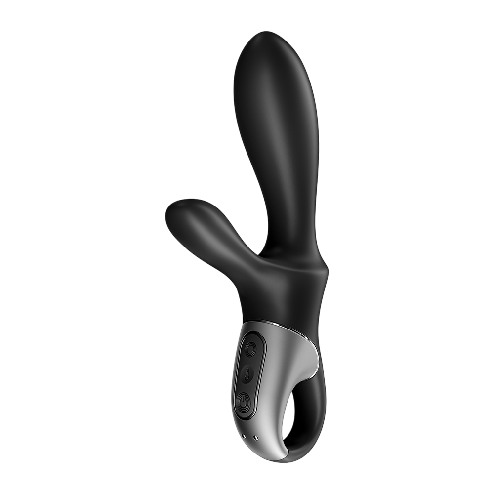 Vibromasseur rabbit Satisfyer noir silicone de trois quarts, panneau de commande argente et anneau - Oh My God'Z