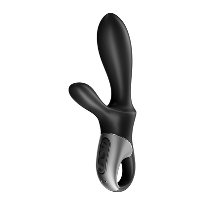 Vibromasseur rabbit Satisfyer noir silicone de trois quarts, panneau de commande argente et anneau - Oh My God'Z