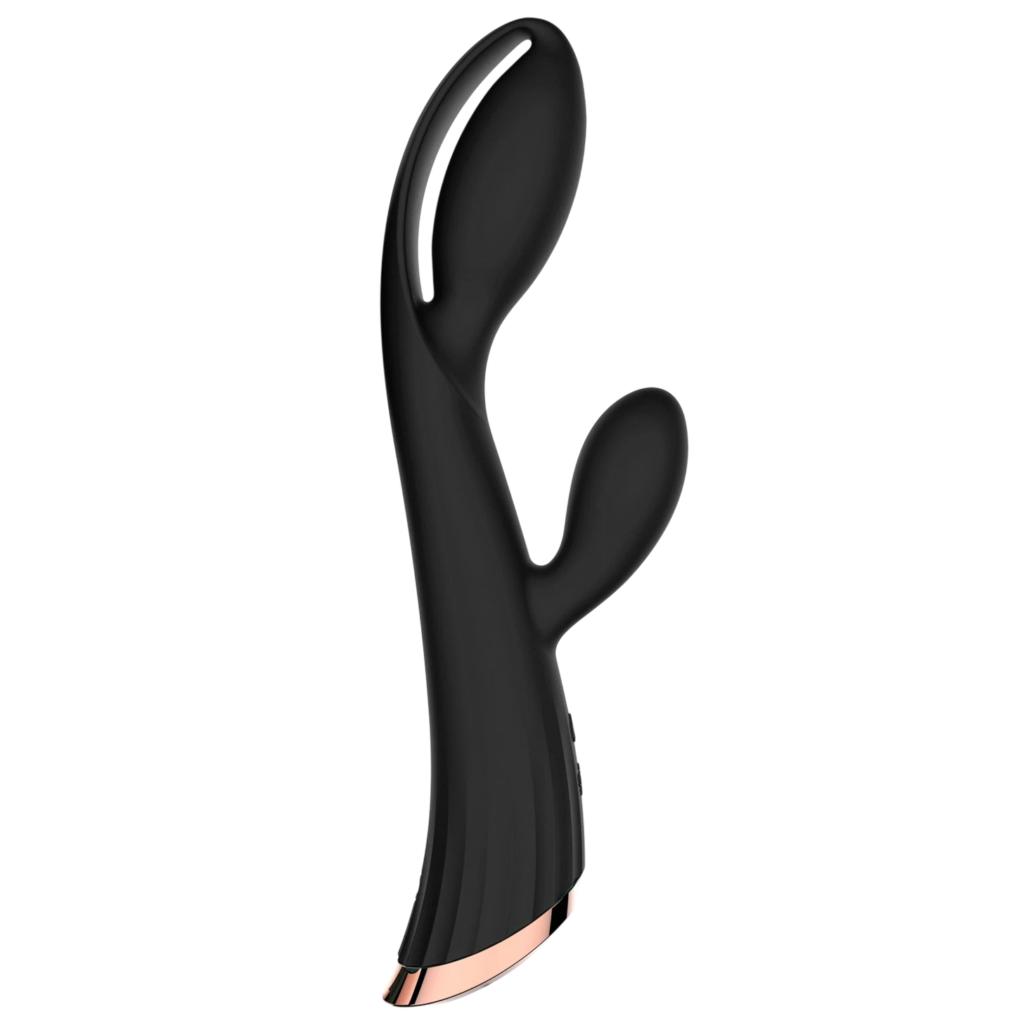 Vibromasseur rabbit noir en silicone avec stimulateur clitoridien et détail rose gold à la base - Oh My God'Z