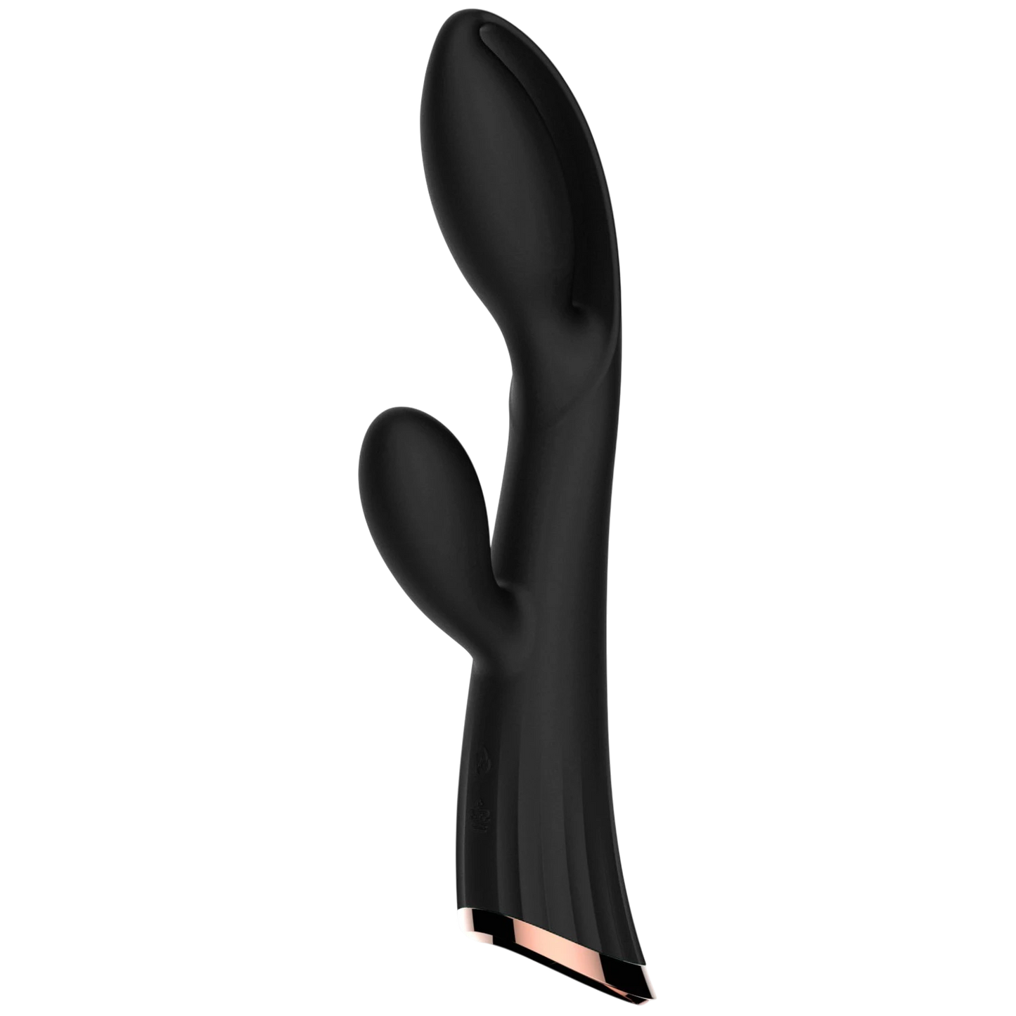 Vibromasseur double stimulation noir vue de profil avec embout ergonomique et finition rose gold - Oh My God'Z