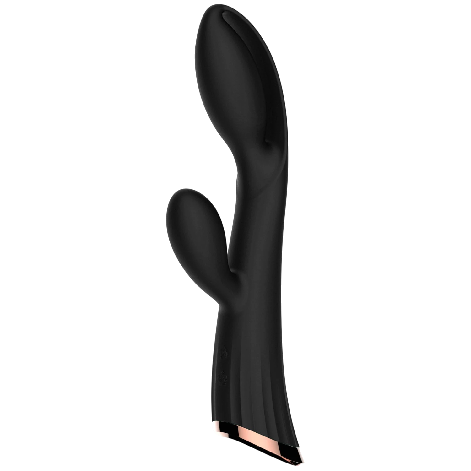 Vibromasseur double stimulation noir vue de profil avec embout ergonomique et finition rose gold - Oh My God'Z