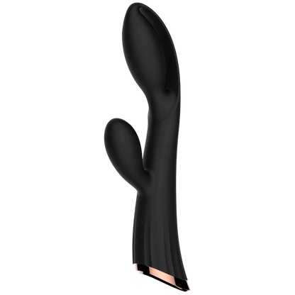 Vibromasseur double stimulation noir vue de profil avec embout ergonomique et finition rose gold - Oh My God'Z
