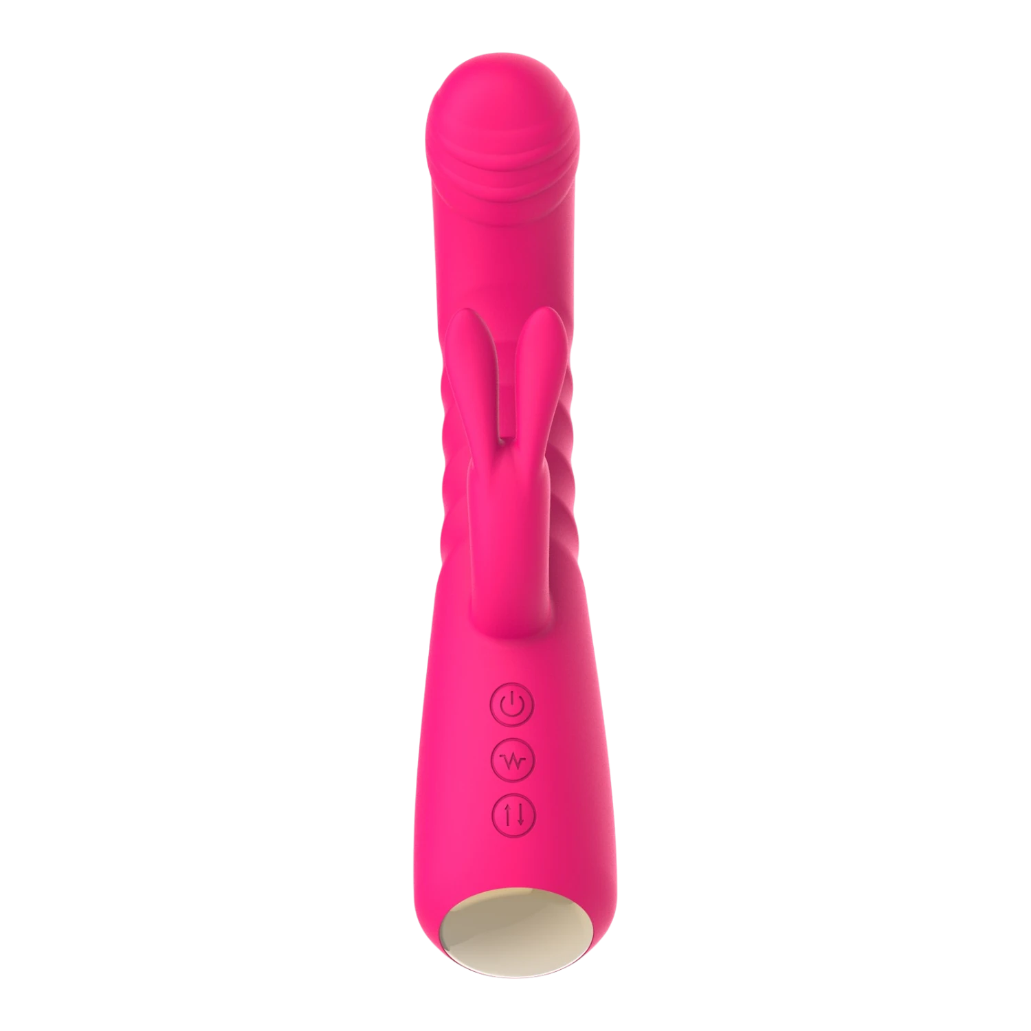 Vibromasseur rabbit rose texture nervurée, vue de face avec stimulateur et boutons de contrôle - Oh My God'Z