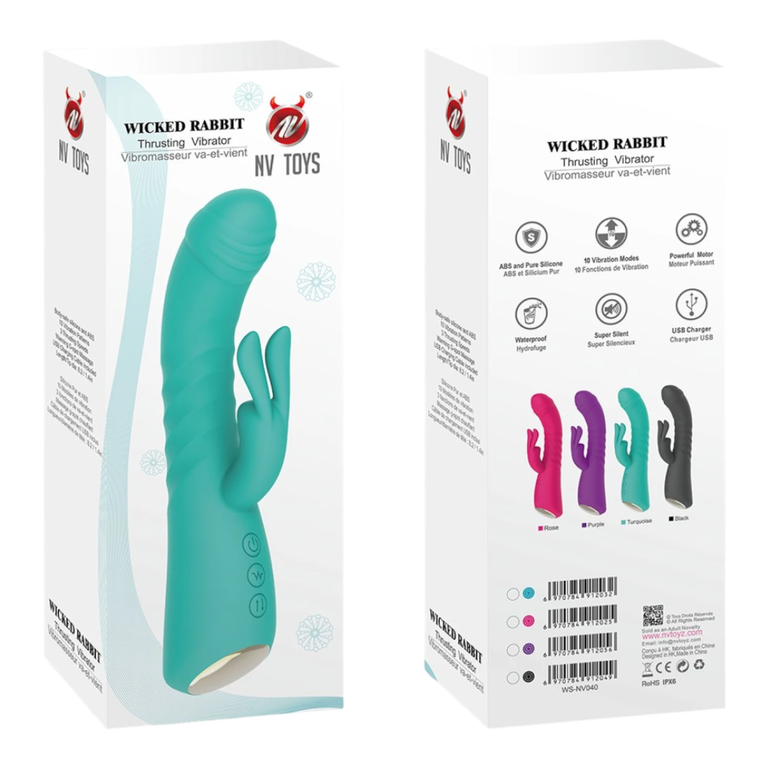 Packaging vibromasseur Wicked Rabbit NV Toys, boîte blanche présentant les 4 coloris disponibles - Oh My God'Z