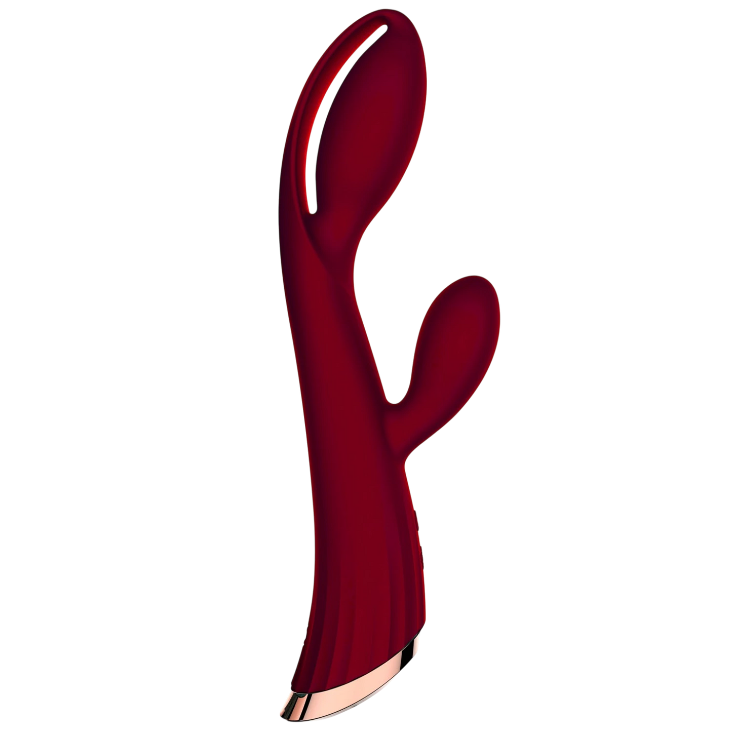 Vibromasseur rabbit rouge bordeaux en silicone avec stimulateur clitoridien, base rose gold - Oh My God'Z