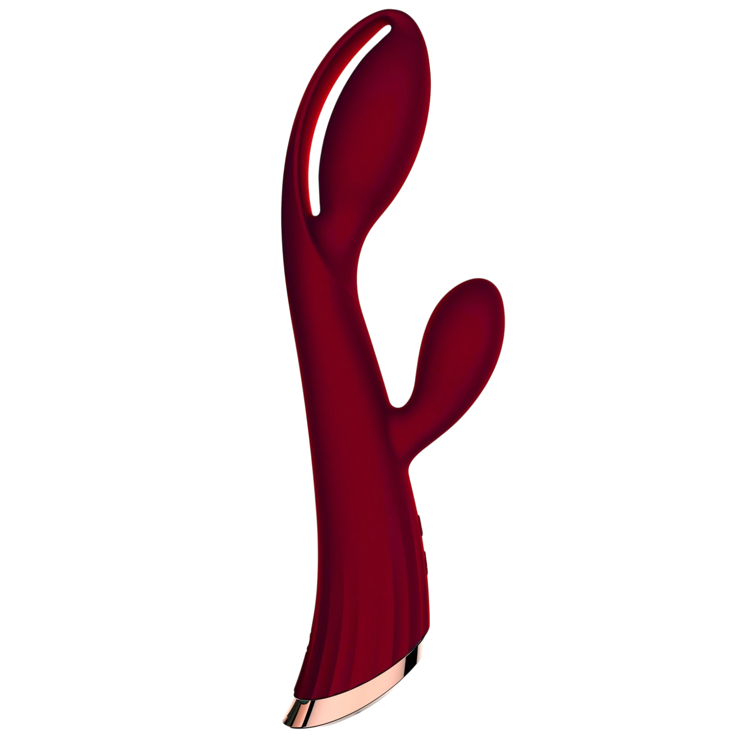 Vibromasseur rabbit rouge bordeaux en silicone avec stimulateur clitoridien, base rose gold - Oh My God'Z