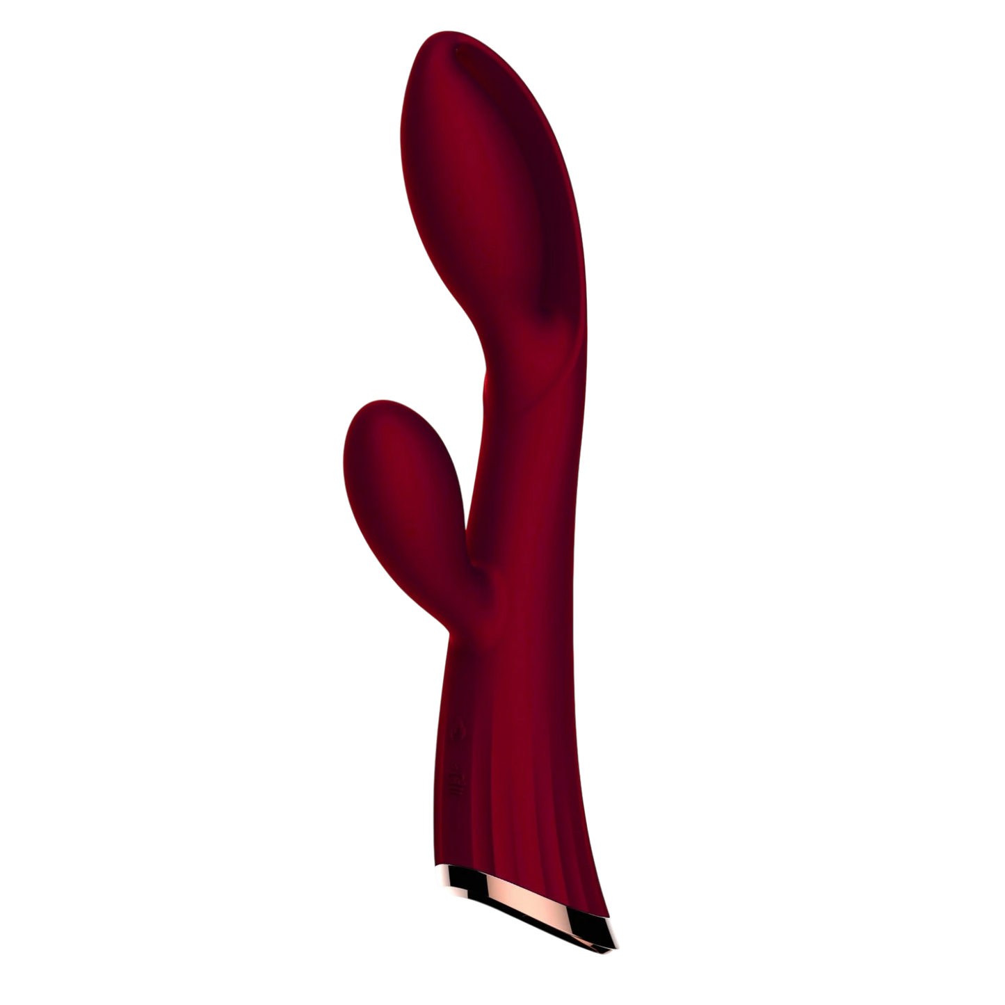 Vibromasseur double stimulation rouge bordeaux vue de profil, embout incurvé point G, base metallisée - Oh My God'Z