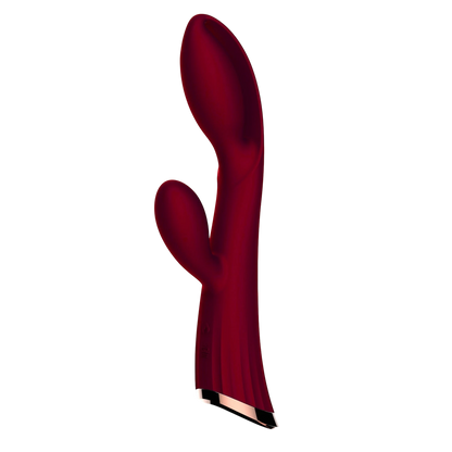 Vibromasseur double stimulation rouge bordeaux vue de profil, embout incurvé point G, base metallisée - Oh My God'Z