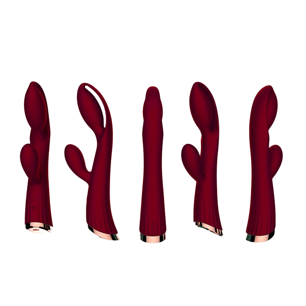 Collection de 5 vues du vibromasseur rabbit rouge bordeaux, design complet et détails multiples - Oh My God'Z