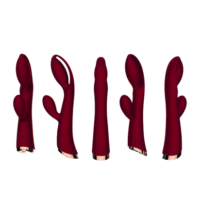 Collection de 5 vues du vibromasseur rabbit rouge bordeaux, design complet et détails multiples - Oh My God'Z