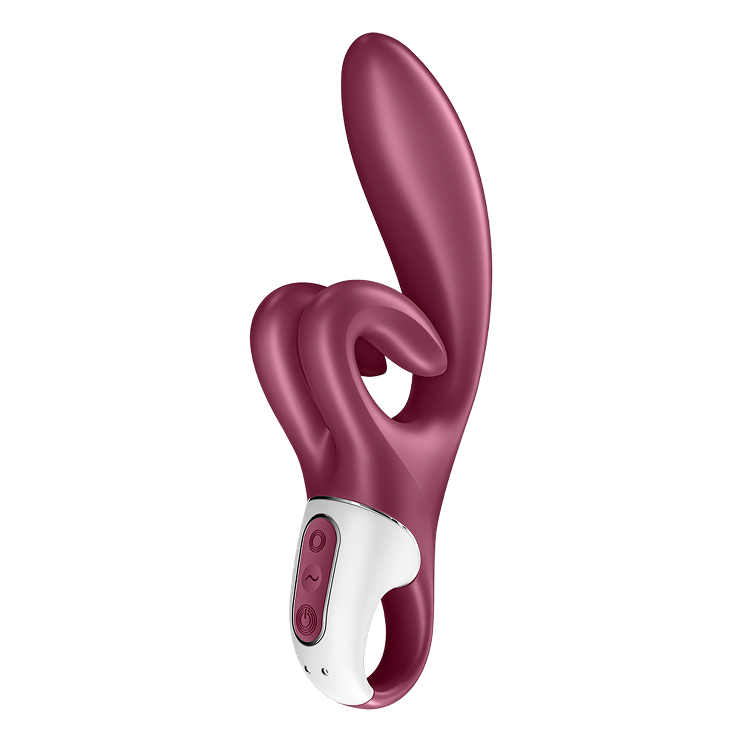 Vibromasseur rabbit Touch Me Satisfyer vue de trois quarts, silicone rouge bordeaux et base blanche - Oh My God'Z