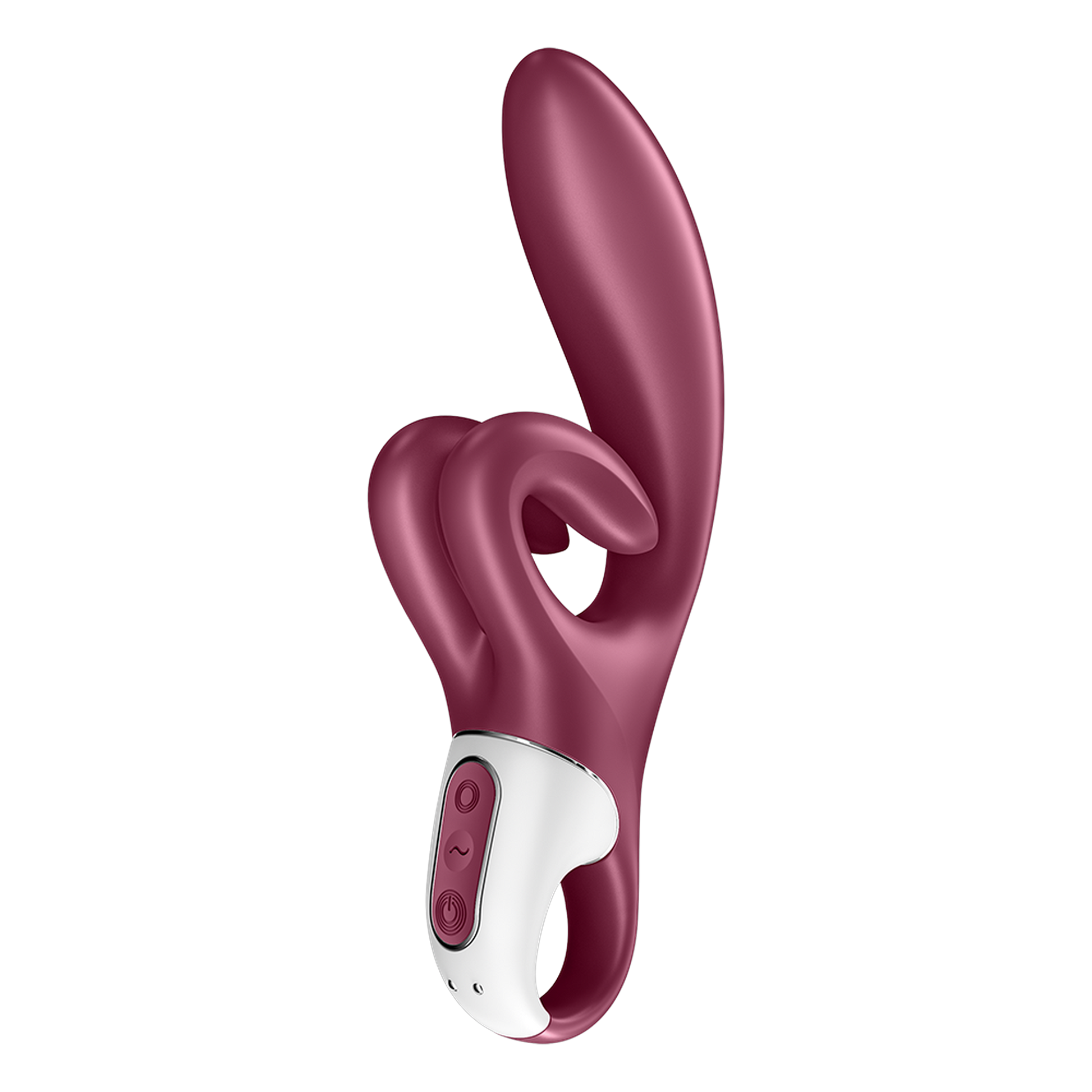 Vibromasseur rabbit Touch Me Satisfyer vue de trois quarts, silicone rouge bordeaux et base blanche - Oh My God'Z