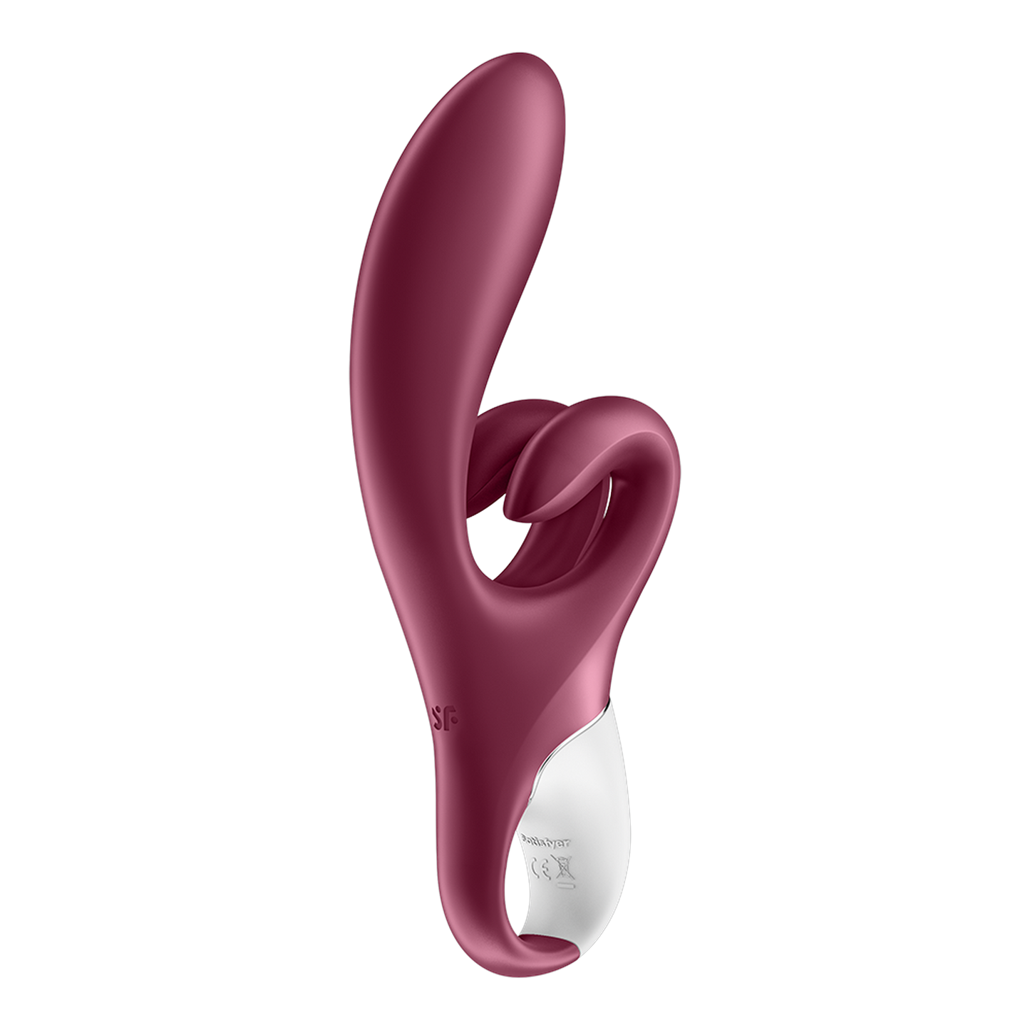 Vue arrière du vibromasseur rabbit Touch Me Satisfyer avec logo gravé sur silicone rouge - Oh My God'Z