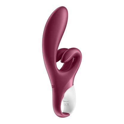 Vue arrière du vibromasseur rabbit Touch Me Satisfyer avec logo gravé sur silicone rouge - Oh My God'Z