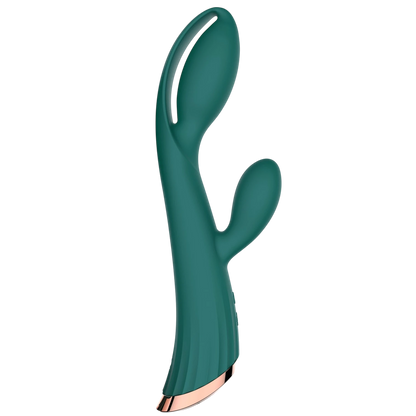 Vibromasseur rabbit vert émeraude avec stimulateur clitoridien et détails cuivrés rose gold - Oh My God'Z
