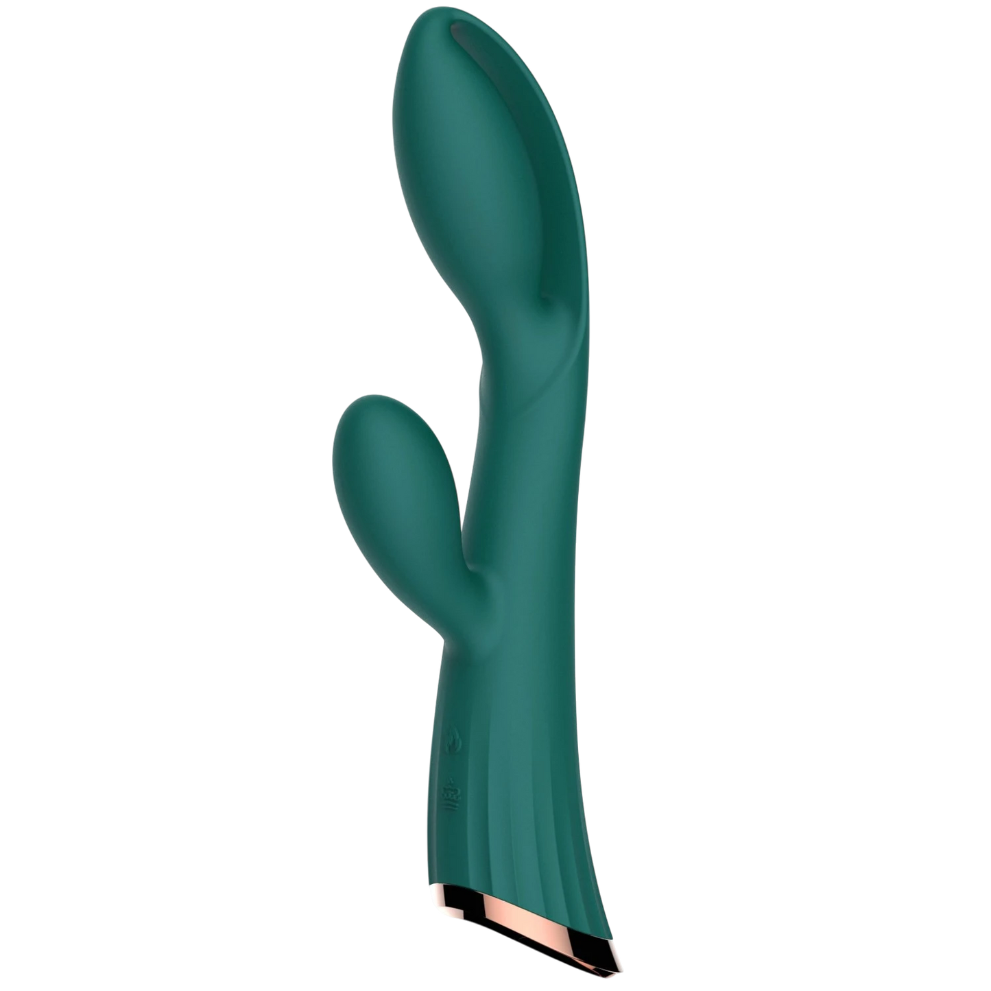 Vue latérale du vibromasseur double stimulation vert avec base cuivrée et silicone médical - Oh My God'Z