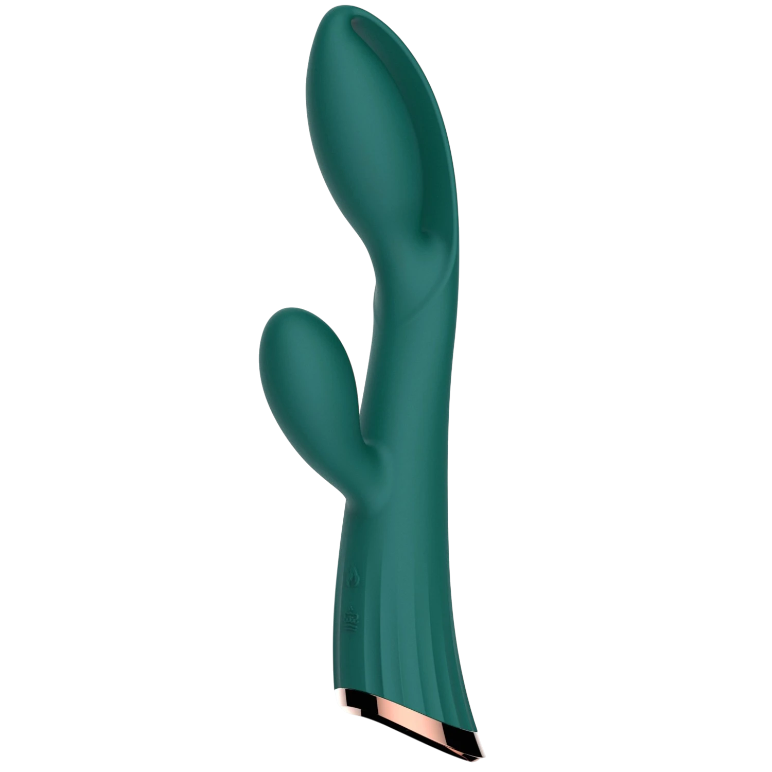 Vue latérale du vibromasseur double stimulation vert avec base cuivrée et silicone médical - Oh My God'Z