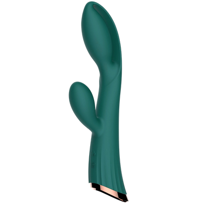 Vue latérale du vibromasseur double stimulation vert avec base cuivrée et silicone médical - Oh My God'Z