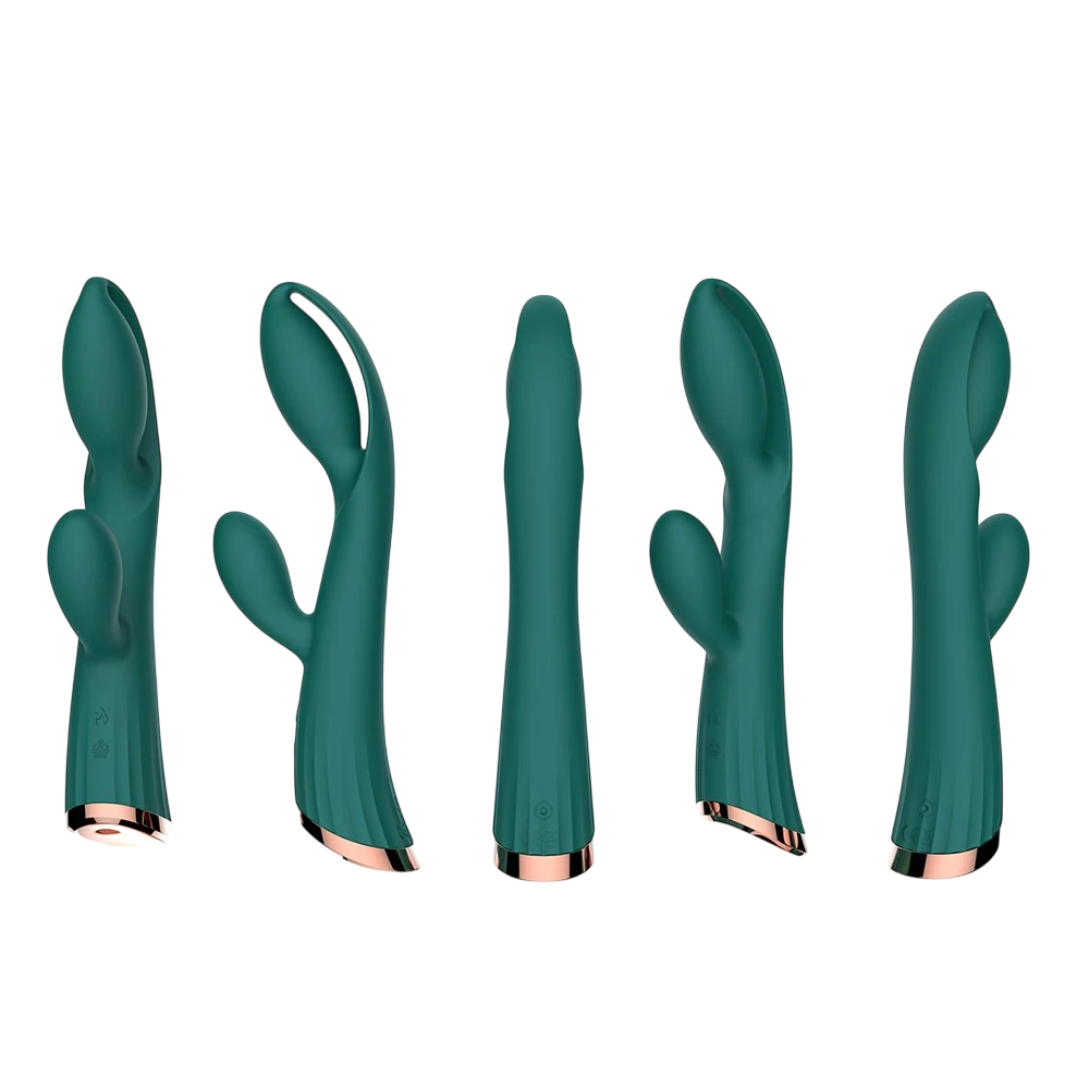 Cinq vues du vibromasseur rabbit vert à double moteur avec fonction chauffage et base rose gold - Oh My God'Z