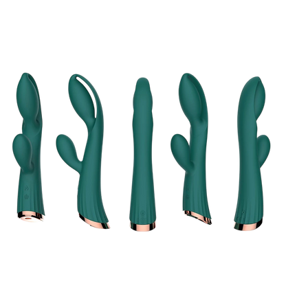 Cinq vues du vibromasseur rabbit vert à double moteur avec fonction chauffage et base rose gold - Oh My God'Z