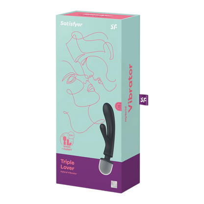 Packaging turquoise et rose du vibromasseur Triple Lover Satisfyer avec illustration ligne dessinée - Oh My God'Z