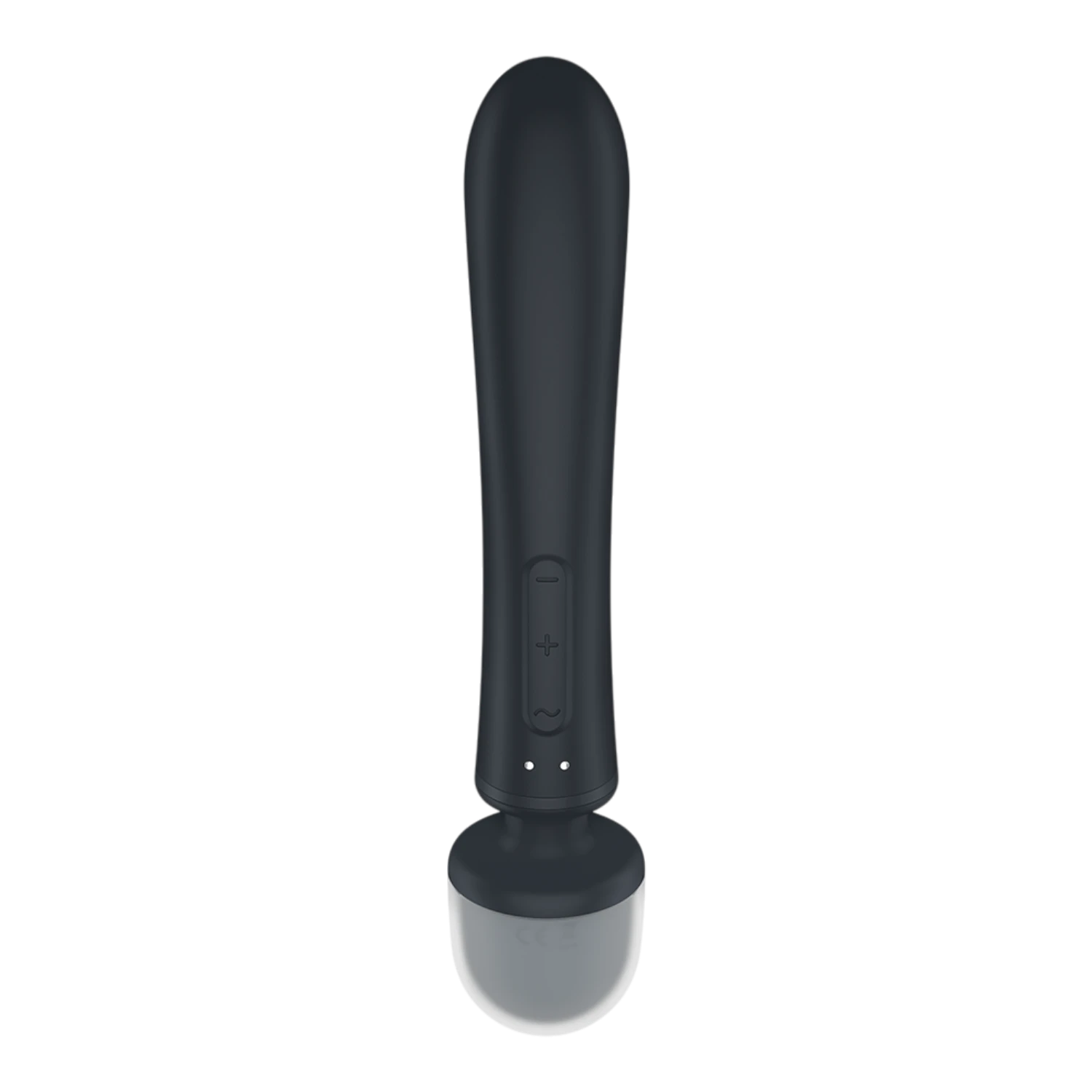 Vue arrière du vibromasseur wand noir avec boutons de contrôle et base grise sur fond blanc - Oh My God'Z
