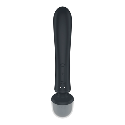 Vue arrière du vibromasseur wand noir avec boutons de contrôle et base grise sur fond blanc - Oh My God'Z