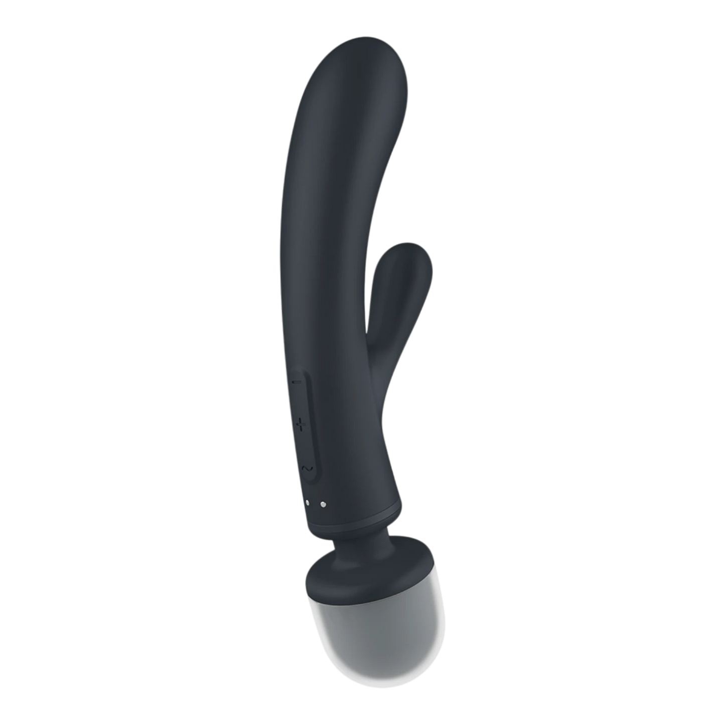 Profil latéral du vibromasseur 2 en 1 noir avec stimulateur clitoridien et base charging grise - Oh My God'Z