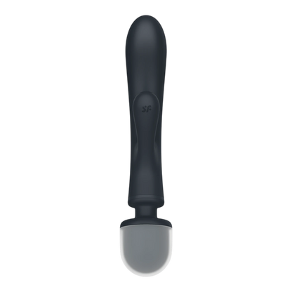 Vue de face du vibromasseur wand rabbit noir en silicone avec logo Satisfyer embossé sur la base - Oh My God'Z