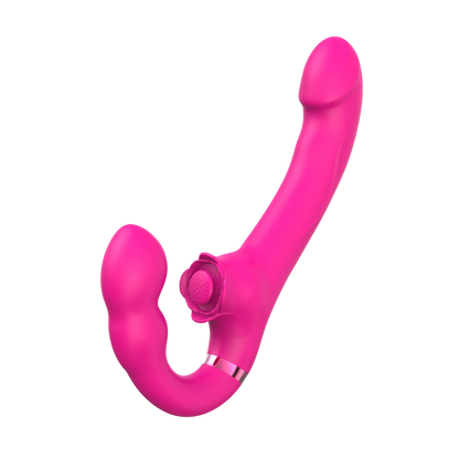Vibromasseur strap-on triple stimulation rose fuchsia en silicone médical avec télécommande - Oh My God'Z