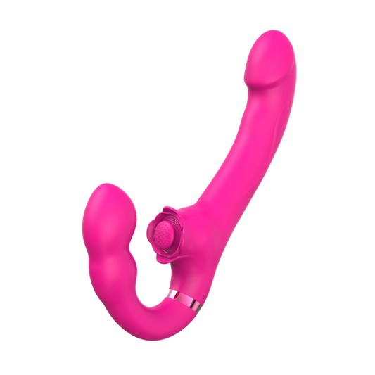 Vibromasseur strap-on triple stimulation rose fuchsia en silicone médical avec télécommande - Oh My God'Z