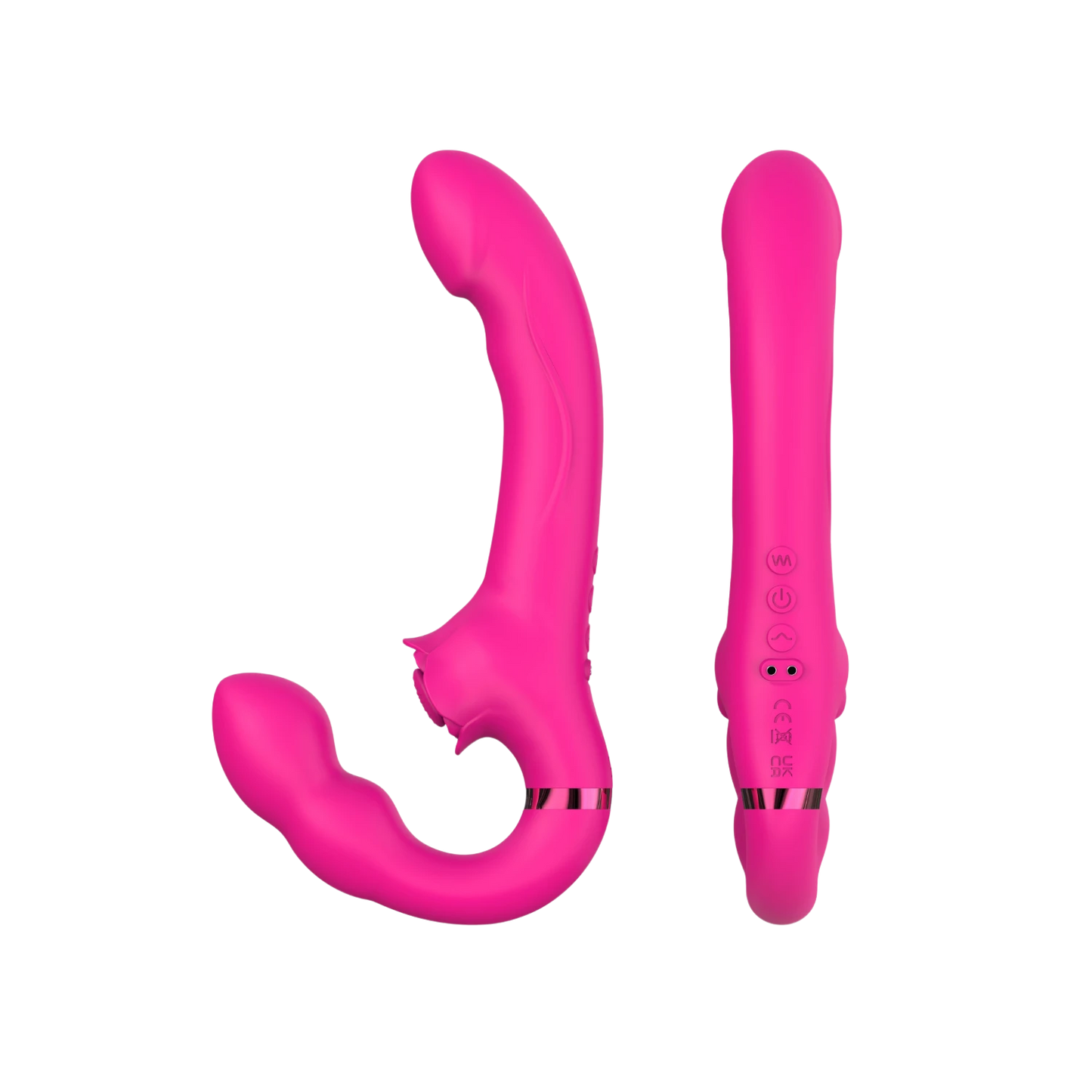 Vue dos et face du vibromasseur strap-on rose avec boutons de contrôle et télécommande blanche - Oh My God'Z