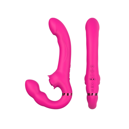 Vue dos et face du vibromasseur strap-on rose avec boutons de contrôle et télécommande blanche - Oh My God'Z