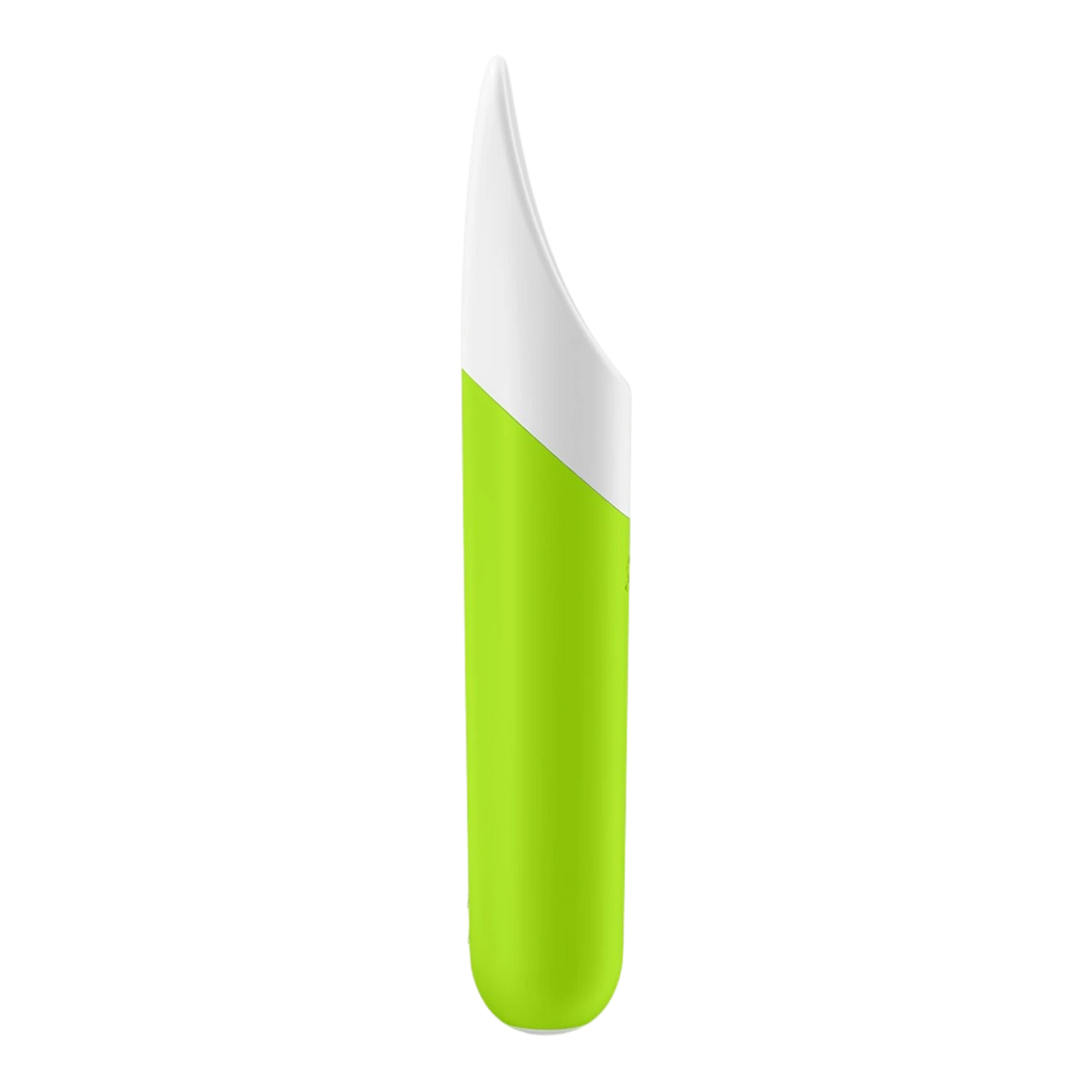 Vibromasseur Satisfyer vert et blanc avec pointe flexible inclinée, vue de profil latéral - Oh My God'Z