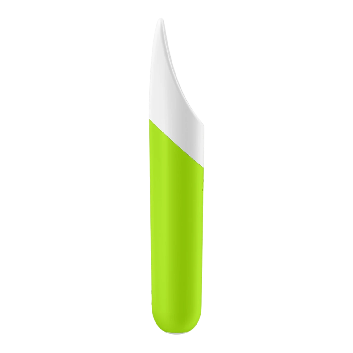 Vibromasseur Satisfyer vert et blanc avec pointe flexible inclinée, vue de profil latéral - Oh My God'Z
