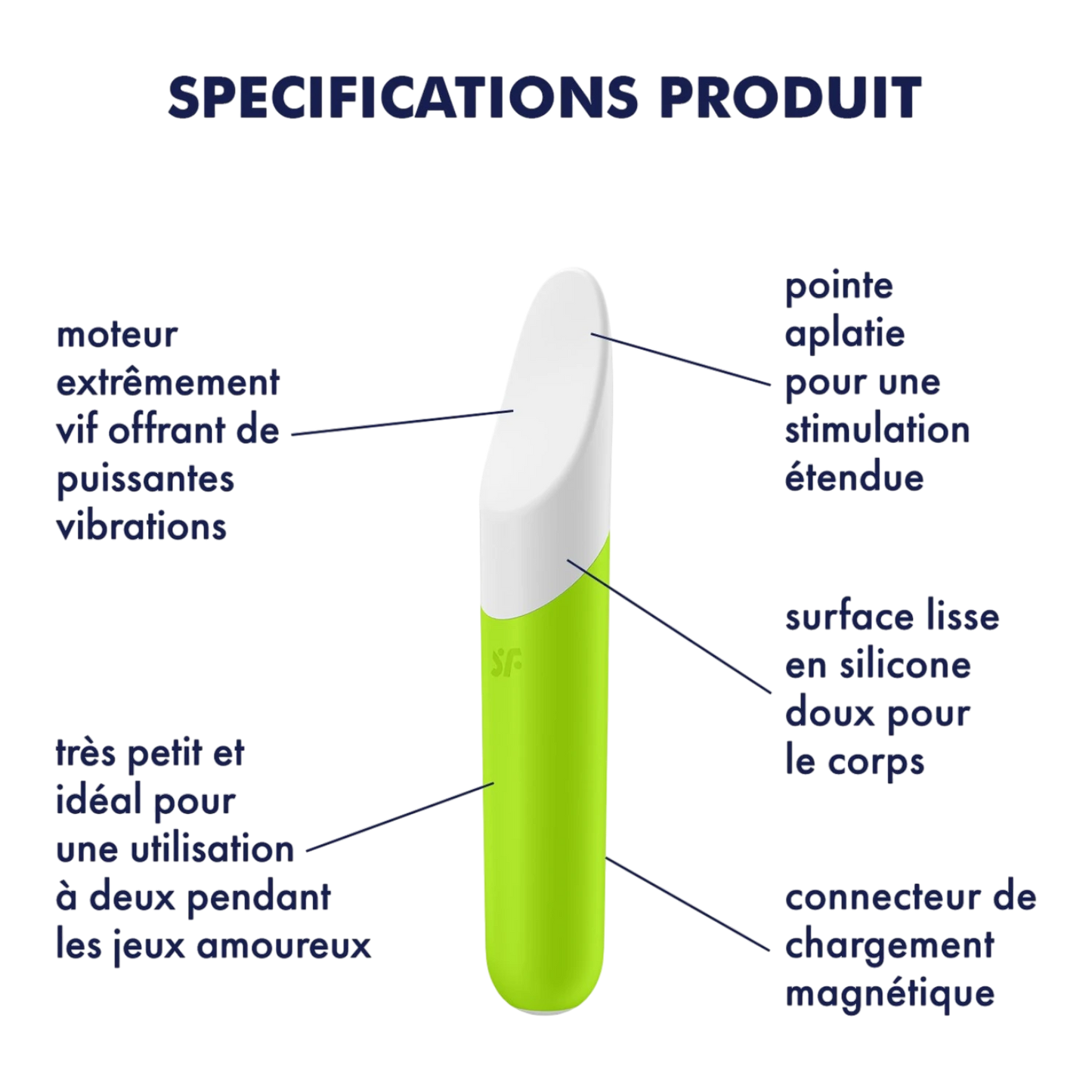 Schéma des spécifications du vibromasseur Satisfyer vert: pointe aplatie, silicone doux, moteur - Oh My God'Z