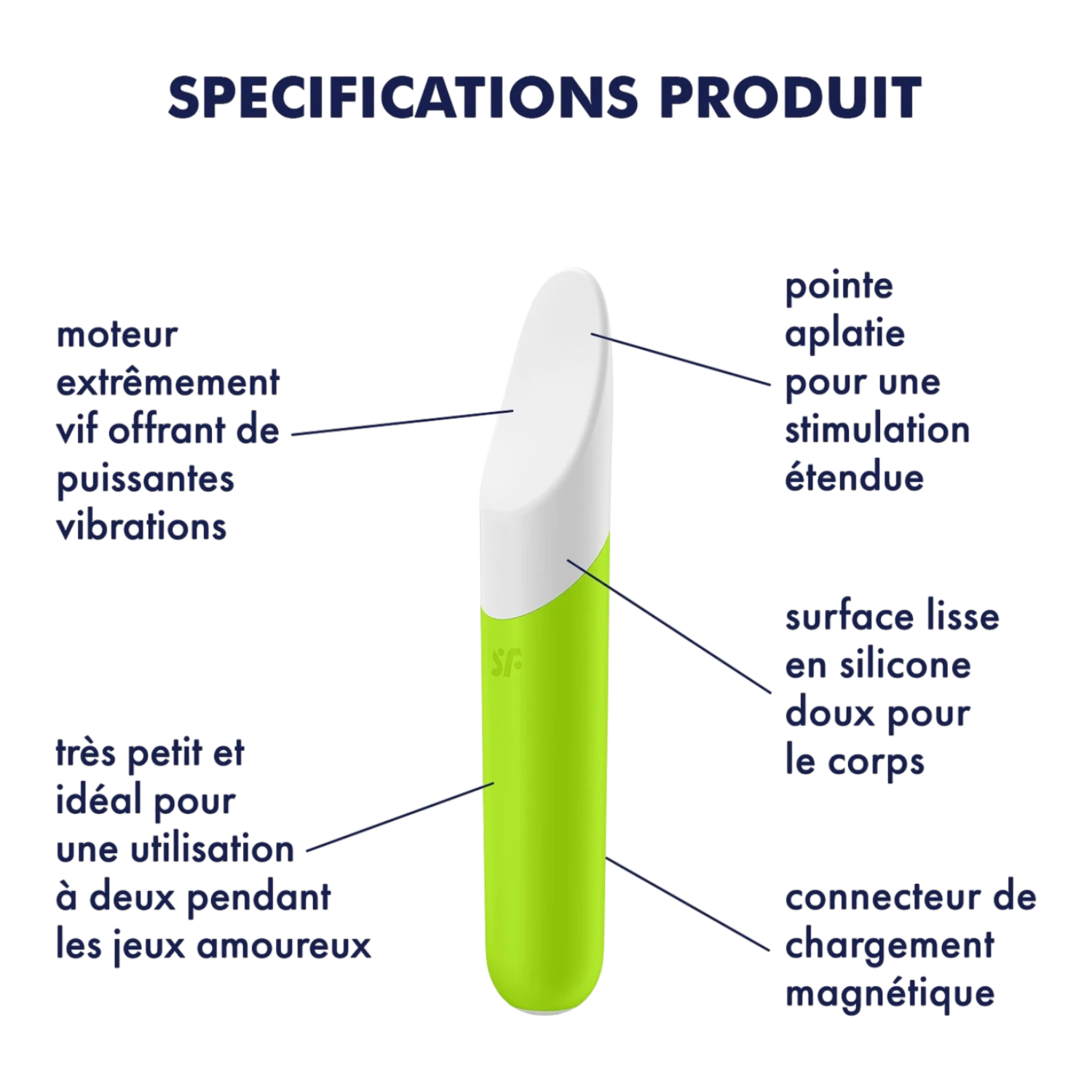 Schéma des spécifications du vibromasseur Satisfyer vert: pointe aplatie, silicone doux, moteur - Oh My God'Z