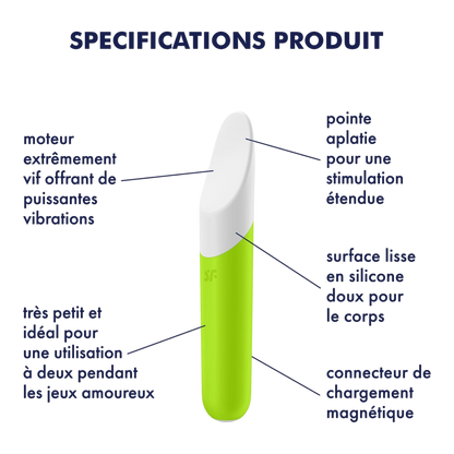 Schéma des spécifications du vibromasseur Satisfyer vert: pointe aplatie, silicone doux, moteur - Oh My God'Z