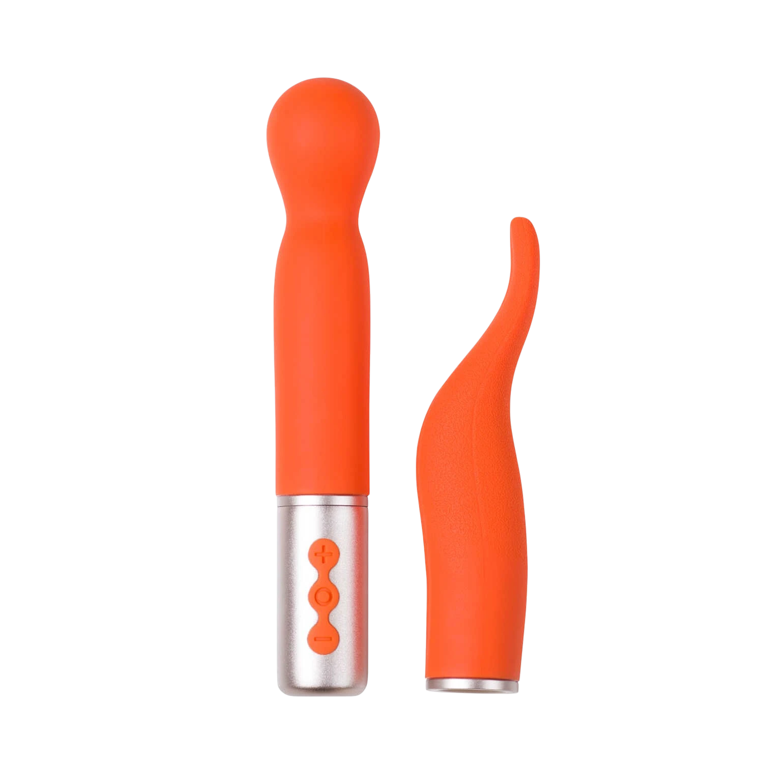 Deux vibromasseurs orange interchangeables avec base argentée sur fond blanc - Oh My God'Z