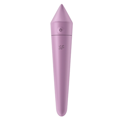 Vibromasseur Ultra Power Bullet 8 Satisfyer lilas en silicone, bouton de commande et logo SF visibles - Oh My God'Z
