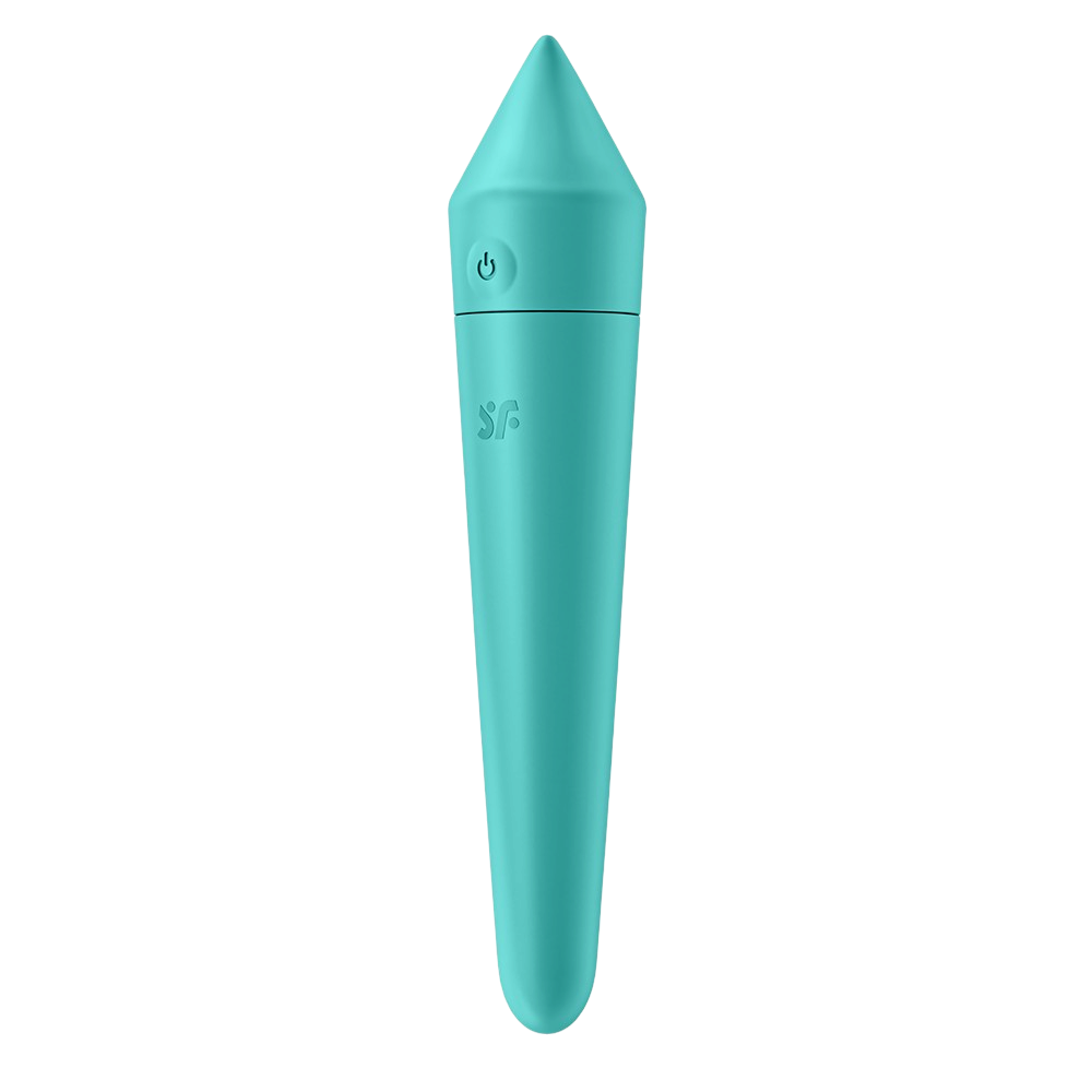 Vibromasseur Ultra Power Bullet 8 Satisfyer turquoise de face, bouton de commande et logo SF en silicone - Oh My God'Z