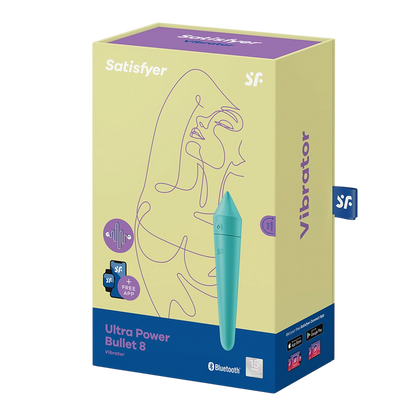 Boite du vibromasseur connecte Bluetooth Ultra Power Bullet 8 Satisfyer turquoise, emballage jaune - Oh My God'Z