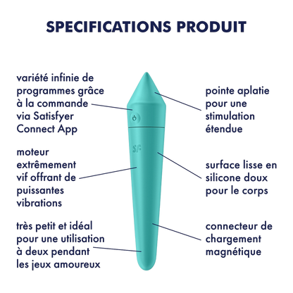 Infographie specifications du vibromasseur Ultra Power Bullet 8 Satisfyer turquoise en silicone doux - Oh My God'Z